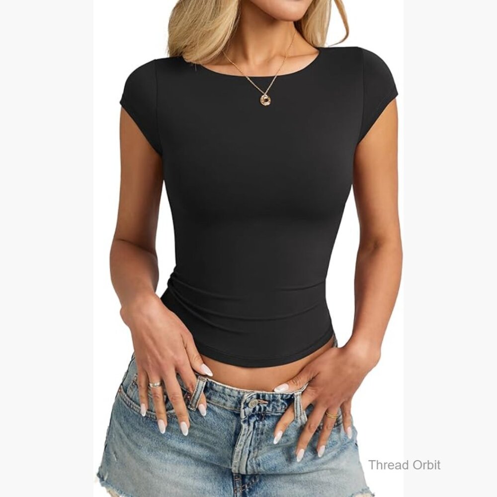 Double Lined Cap Sleeve Boat Neck Slim Fitted T-Shirt Y2K Going Out Top